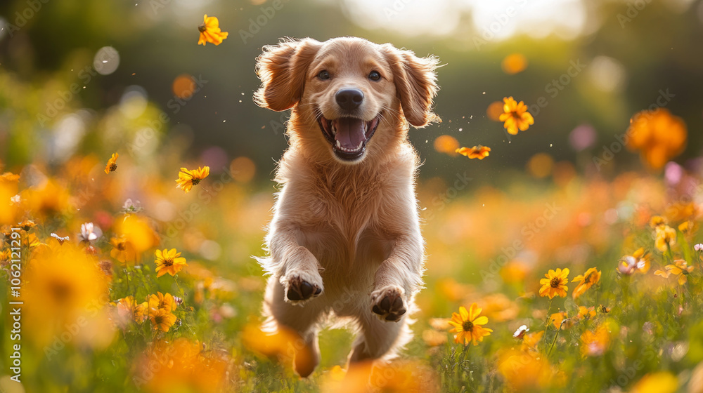 Happy golden retriever running through a vibrant flower field in springtime Happy golden retriever running through a vibrant flower field in springtime