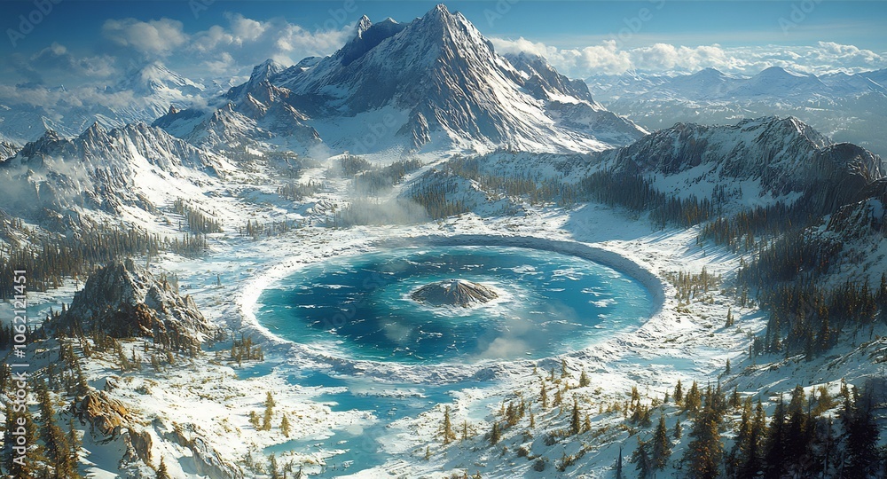Landscape view of prehistoric impact crater ringed by wildfires frozen ...