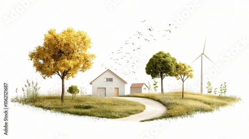 A serene landscape featuring a house, trees, and a wind turbine, symbolizing nature, sustainability, and modern living.