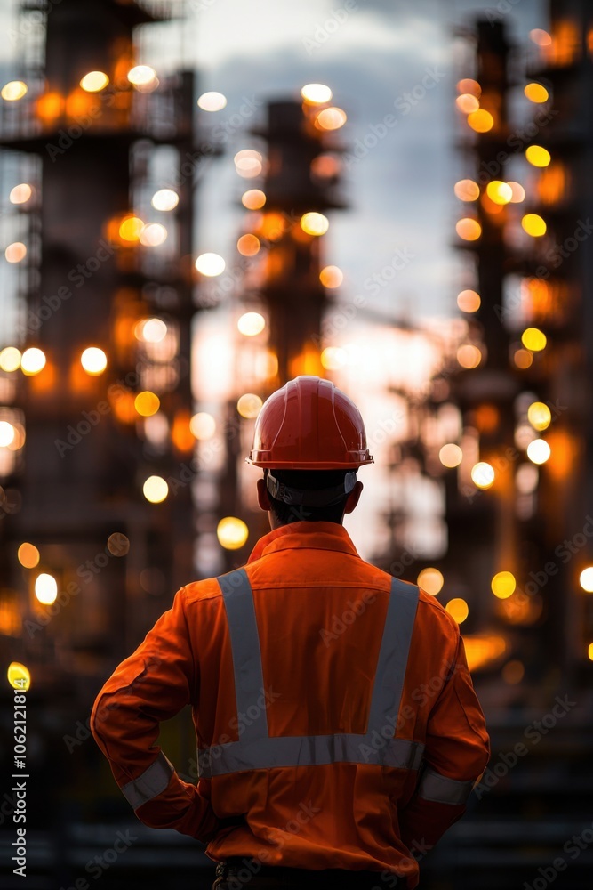 Worker in safety gear observing a brightly lit industrial site at sunset. Worker in safety gear observing a brightly lit industrial site at sunset.