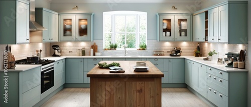 Rustic Wooden Kitchen Island with Fresh Green Herbs in Modern U-Shaped Kitchen Tranquil Luxury Interior Design Inspiration