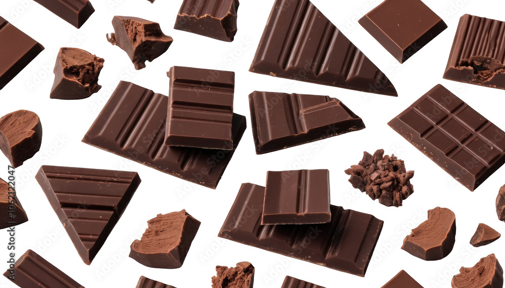 Dark chocolate pieces isolated on a transparent background, showcasing their rich, velvety texture and deep, luscious color. Dark chocolate pieces isolated on a transparent background, showcasing their rich, velvety texture and deep, luscious color.
