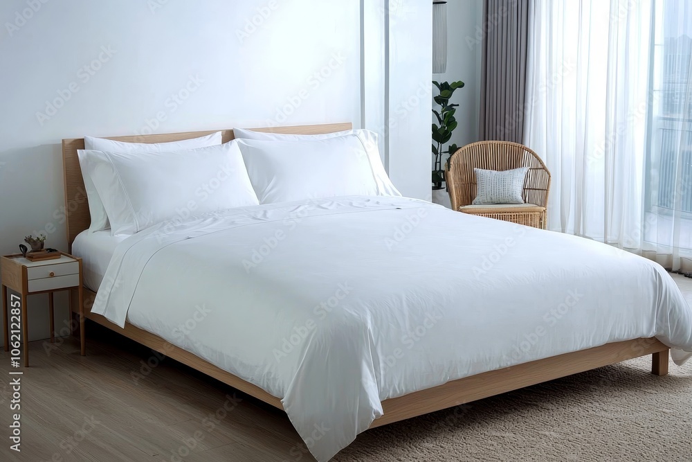 Obraz premium Serene Minimalist Bedroom Interior with White Linen Bed and Natural Light, Tranquil Urban Oasis for Home Decor Blogs and Design Inspiration