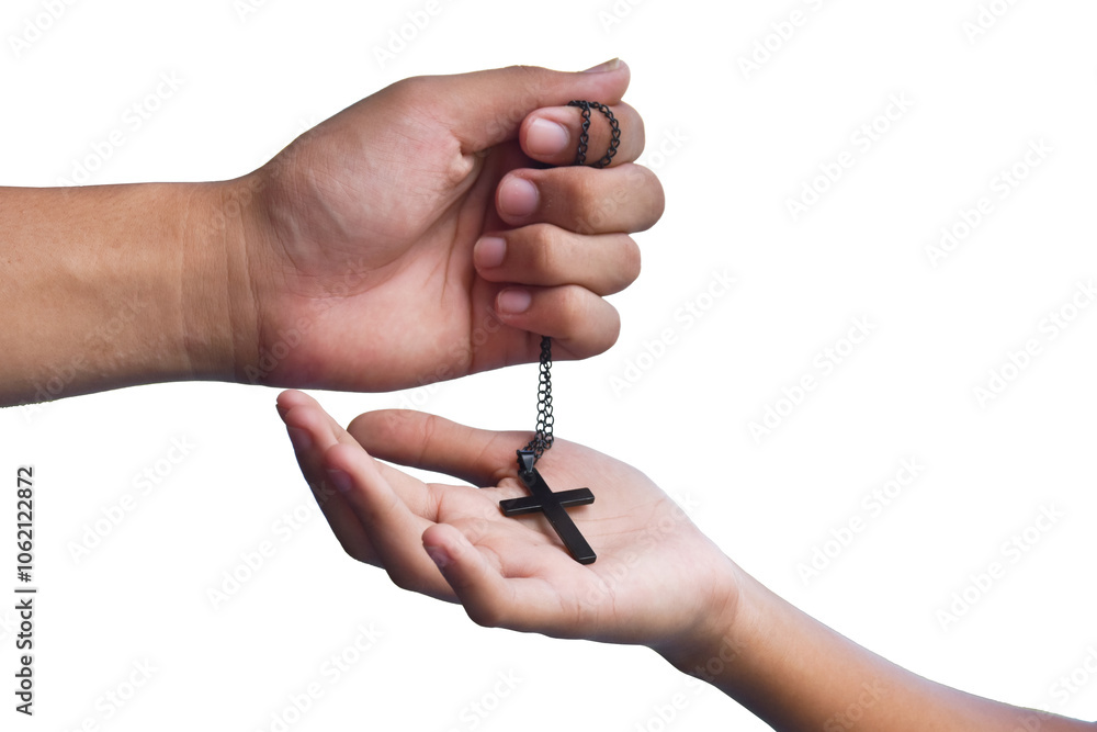 Isolated Christian cross necklace on hands, copy space, clipping paths. Isolated Christian cross necklace on hands, copy space, clipping paths.