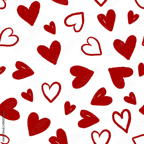 Red hearts Seamless Pattern Hand drawn Vector Doodle Romantic Sketch Symbols.