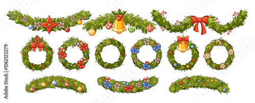 Cartoon Illustrations Show Festive Christmas Wreaths And Garlands Adorned With Colorful Ribbons, Bells, And Ornaments