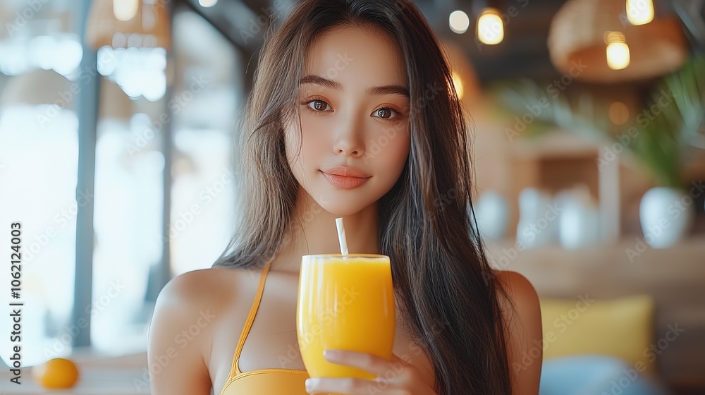 Beautiful Asian Woman Gym Outfit With Long Hair Drinking Orange Juice Beautiful Asian Woman Gym Outfit With Long Hair Drinking Orange Juice