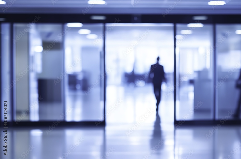 Fototapeta premium Blurry office space with a modern glass door