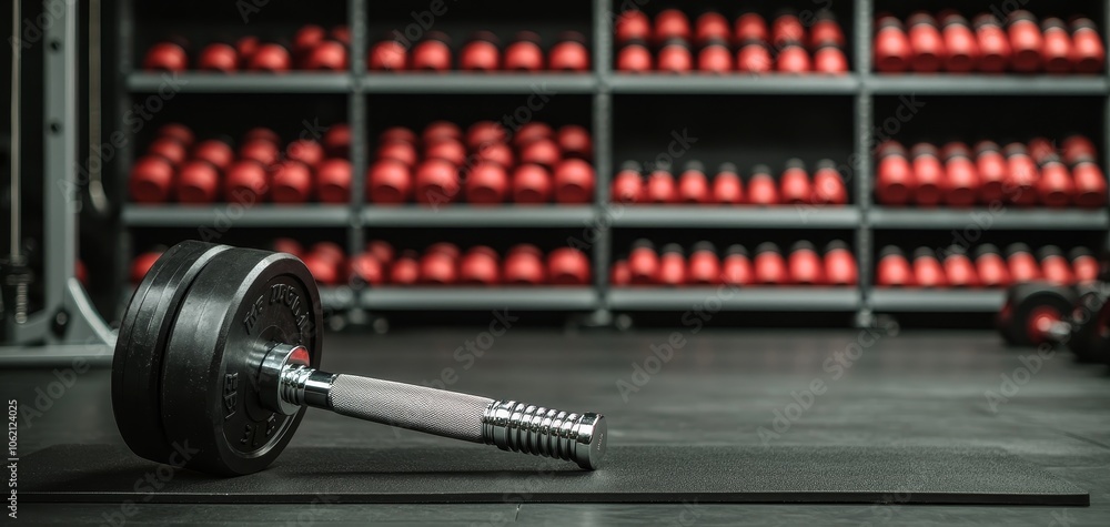 Sleek Black Dumbbell on Rubber Mat in Gym Setting, Fitness Equipment on Metal Shelves, Industrial Atmosphere for Workout Concept Sleek Black Dumbbell on Rubber Mat in Gym Setting, Fitness Equipment on Metal Shelves, Industrial Atmosphere for Workout Concept