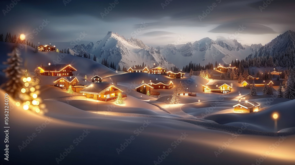 serene winter landscape featuring picturesque village nestled in snowy mountains, illuminated by warm lights. scene evokes cozy, festive atmosphere serene winter landscape featuring picturesque village nestled in snowy mountains, illuminated by warm lights. scene evokes cozy, festive atmosphere