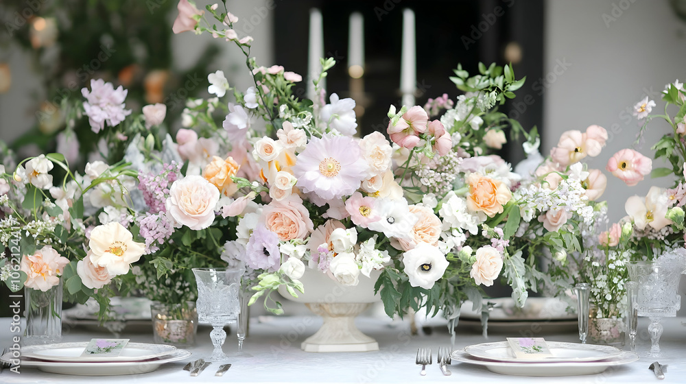 A stunning pastel floral arrangement with soft peach, white, and lavender flowers on an elegant dining table. A stunning pastel floral arrangement with soft peach, white, and lavender flowers on an elegant dining table.