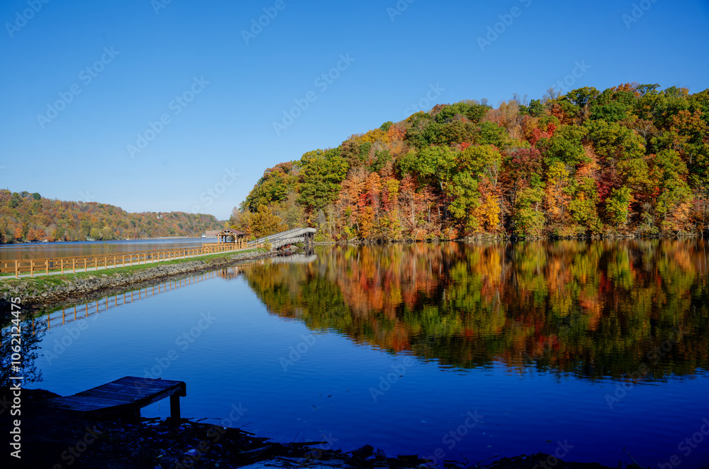 Fototapeta premium Fall scenes with colorful trees at Cheat Lake
