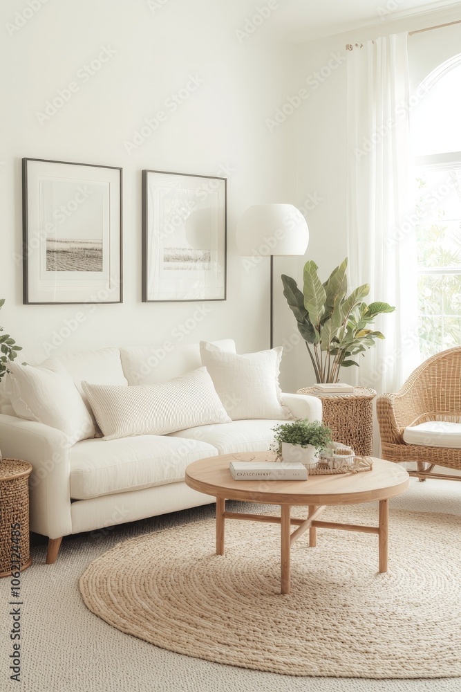 Naklejka premium Sophisticated Modern Living Room with White Sofa and Natural Elements in Light and Airy Setting - Tranquil Interior Design Inspiration