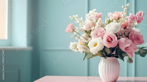 A beautiful arrangement of pastel pink and white roses in a white vase set against a soft blue wall.