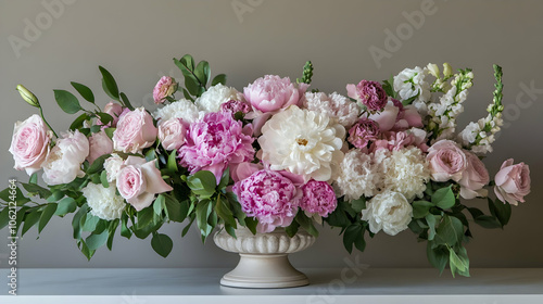 A stunning floral arrangement featuring pink and white blossoms in a classic vase, exuding elegance and charm, ideal for brightening up a room.