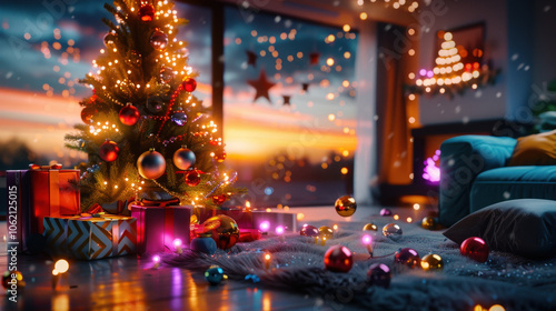 Wallpaper Mural beautifully decorated Christmas tree adorned with colorful ornaments and twinkling lights creates warm and festive atmosphere. Gifts are scattered around, enhancing joyful spirit of season Torontodigital.ca