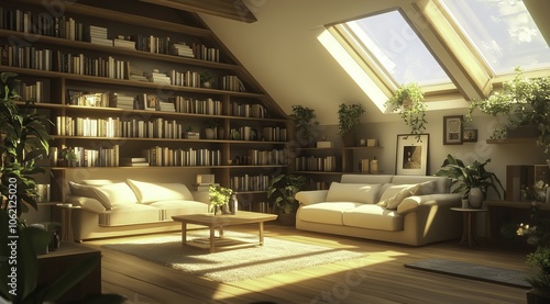 Stylish modern wooden bookcase in an attic, featuring shelves filled with books and adorned with plants, creating a cozy reading nook. 