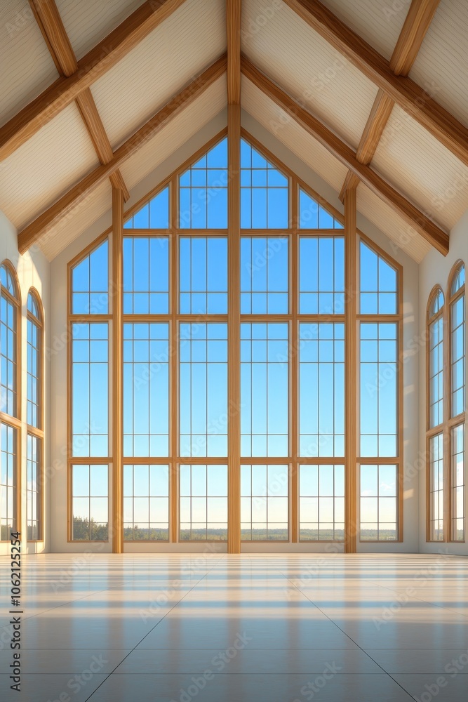 Symmetrical Serenity Grand Wall of Windows in Spacious Room with Vaulted Ceiling, Soft Glow, Tranquil Blue Sky Architectural Design Inspiration