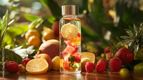 A close-up shot of a clear plastic bottle filled with fruit-infused water, surrounded by fresh fruits and lush green foliage, bathed in soft natural light.

