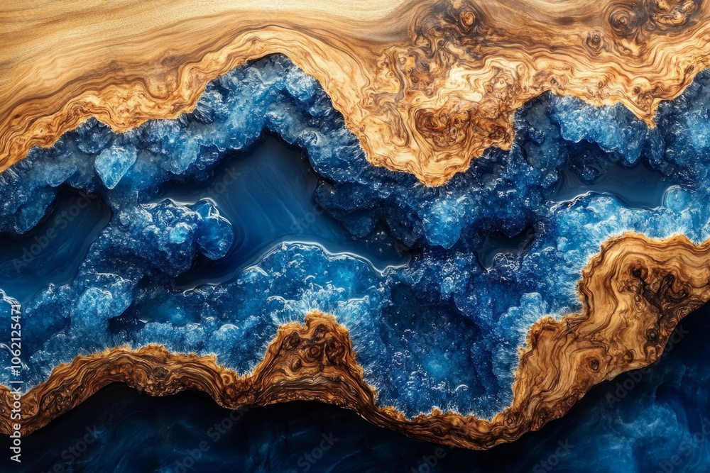Natural patterns in blue and brown resin art depicting a river landscape view Natural patterns in blue and brown resin art depicting a river landscape view