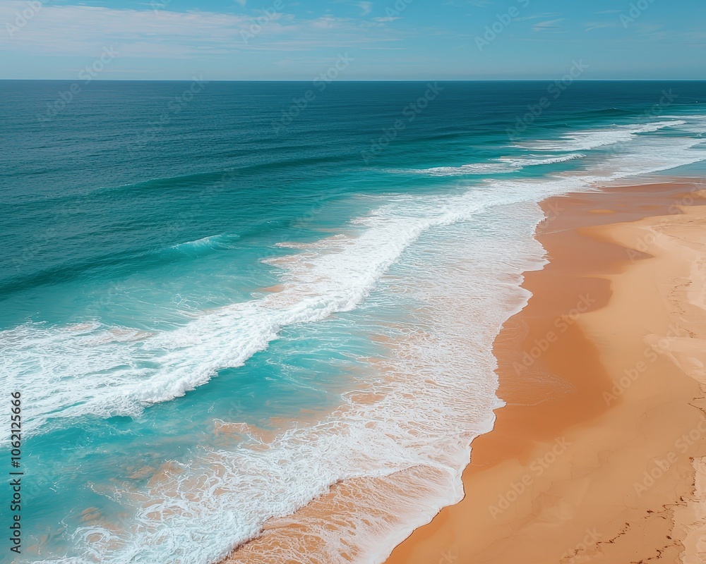 Tranquil Coastal Harmony Aerial View of Ocean Waves Meeting Sandy Beach on Sunny Day - Peaceful Seascape for Travel and Serenity Concepts Tranquil Coastal Harmony Aerial View of Ocean Waves Meeting Sandy Beach on Sunny Day - Peaceful Seascape for Travel and Serenity Concepts