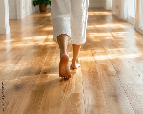 Tranquil Footsteps on Warm Wooden Floor in Minimalist Interior Serene Home Wellness Concept