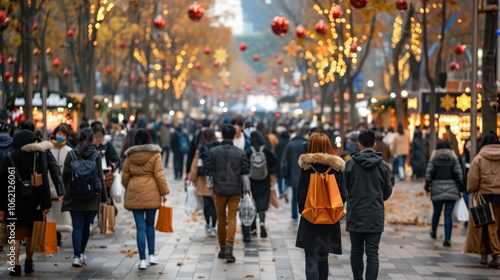 bustling Christmas market filled with shoppers enjoying festive atmosphere, surrounded by beautiful lights and decorations. scene captures joy and excitement of holiday season