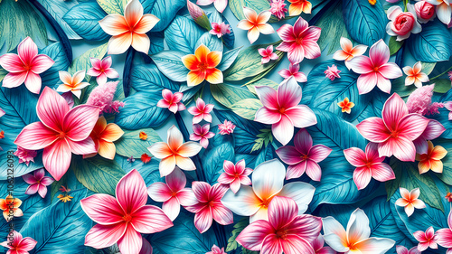 Seamless pattern with plumeria flowers and leaves. Vector illustration.