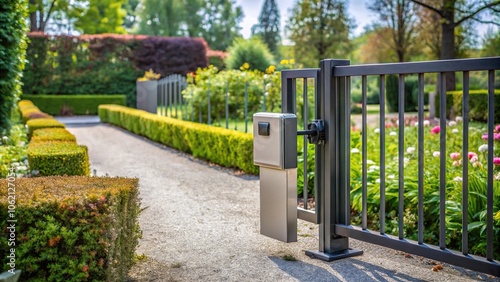 Automatic gate mechanism on garden plot low angle view