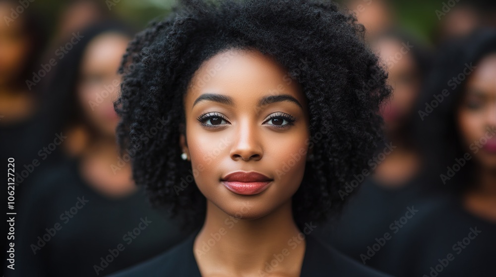 Black woman focus stands apart from a crowd dressed identically Black woman focus stands apart from a crowd dressed identically