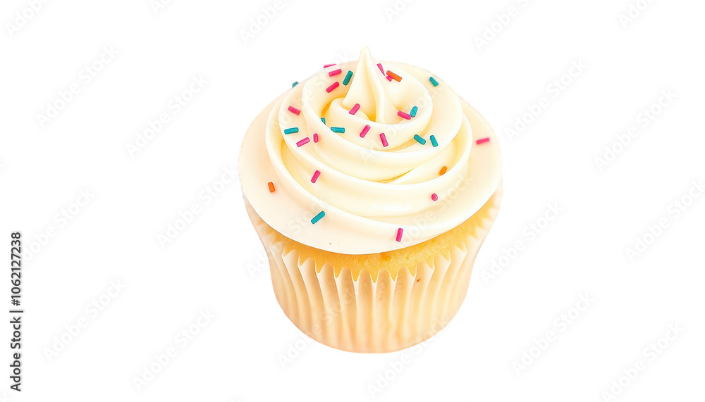 Vanilla cupcake with smooth, swirled frosting and colorful sprinkles on a transparent background, showcasing its vibrant and playful touch. Vanilla cupcake with smooth, swirled frosting and colorful sprinkles on a transparent background, showcasing its vibrant and playful touch.