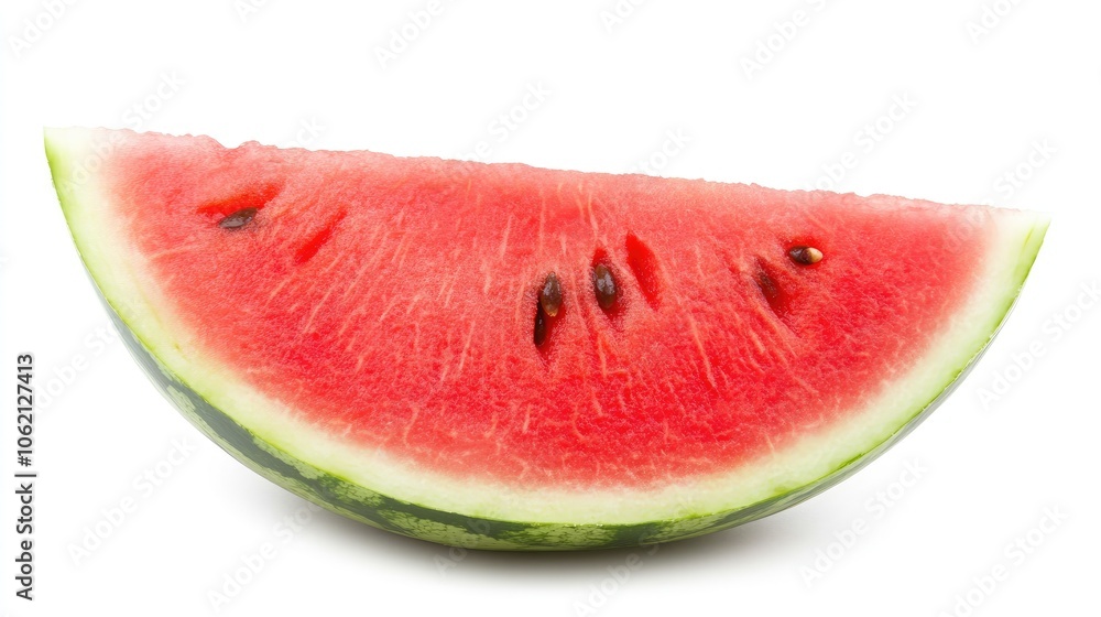 A single watermelon wedge on a clean white background, showcasing its fresh, juicy red and green colors. A single watermelon wedge on a clean white background, showcasing its fresh, juicy red and green colors.