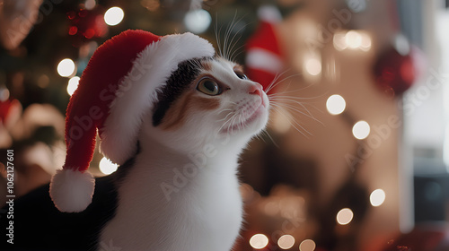 A playful japanese bobtail cat wearing a santa hat gazes up, surrounded by festive decorations and soft lights creating a warm holiday atmosphere photo