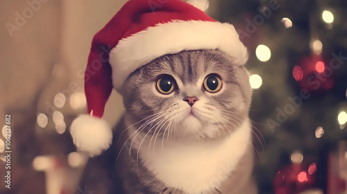 A cute scottish fold cat wearing a santa hat sits in front of a decorated christmas tree showcasing big eyes and festive spirit