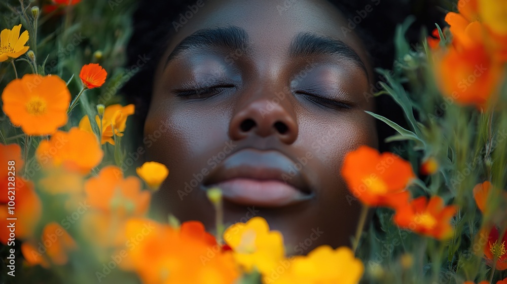 Elegant black man at peace amidst a bed of colorful wildflowers Elegant black man at peace amidst a bed of colorful wildflowers