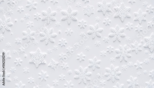 Frosty snowflakes with fine, delicate patterns on a white background, scattered to create a serene winter wonderland with festive cheer.