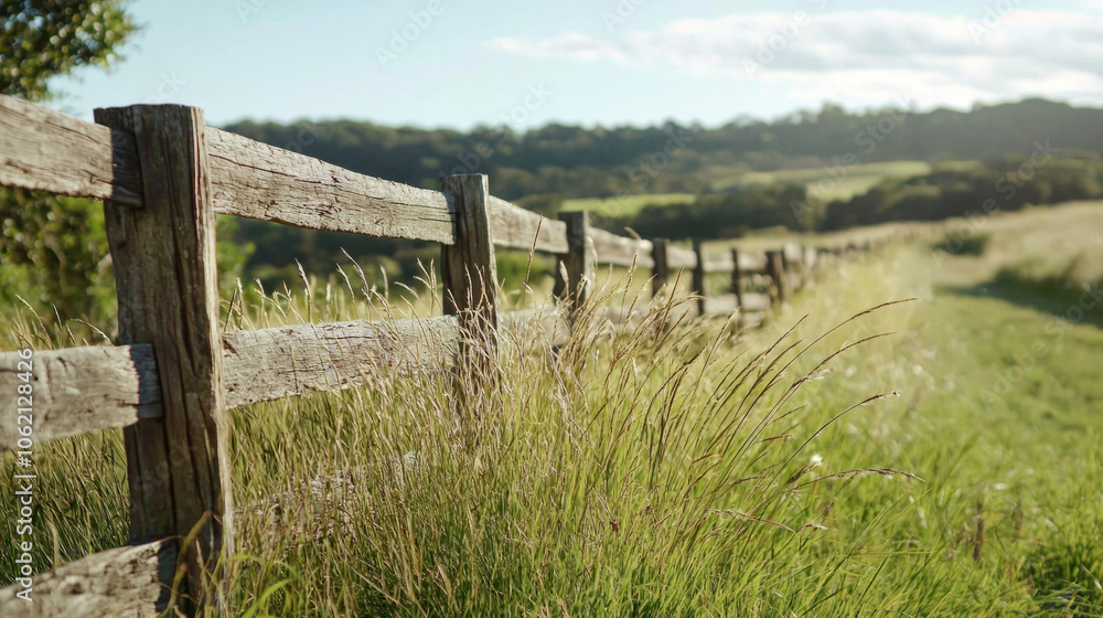Rustic wooden fence lines a tranquil meadow at sunrise in the countryside Rustic wooden fence lines a tranquil meadow at sunrise in the countryside