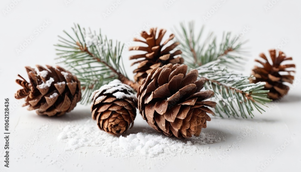 Fototapeta premium Natural pine cones lightly dusted with snow on a white background, adding a warm, rustic touch to the holiday theme.