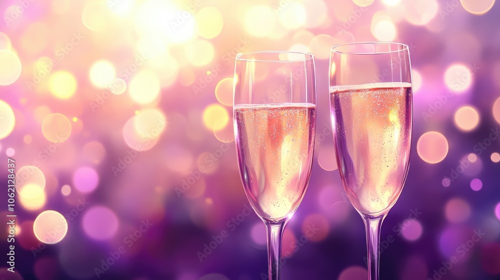 Cheers with champagne glasses, soft background of bokeh lights in purple and gold, ideal for festive celebrations. Cheers with champagne glasses, soft background of bokeh lights in purple and gold, ideal for festive celebrations.