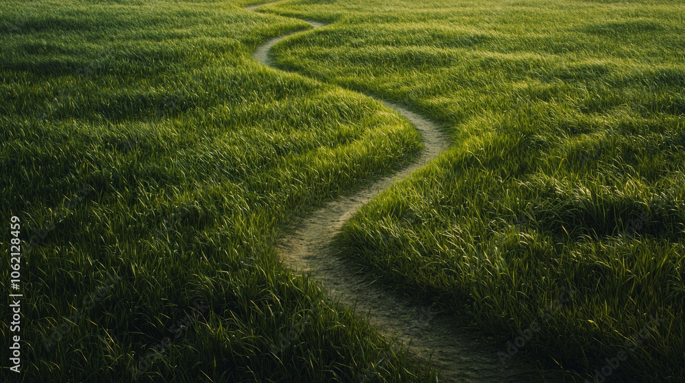 A winding path through lush green grass at dawn in a tranquil landscape A winding path through lush green grass at dawn in a tranquil landscape