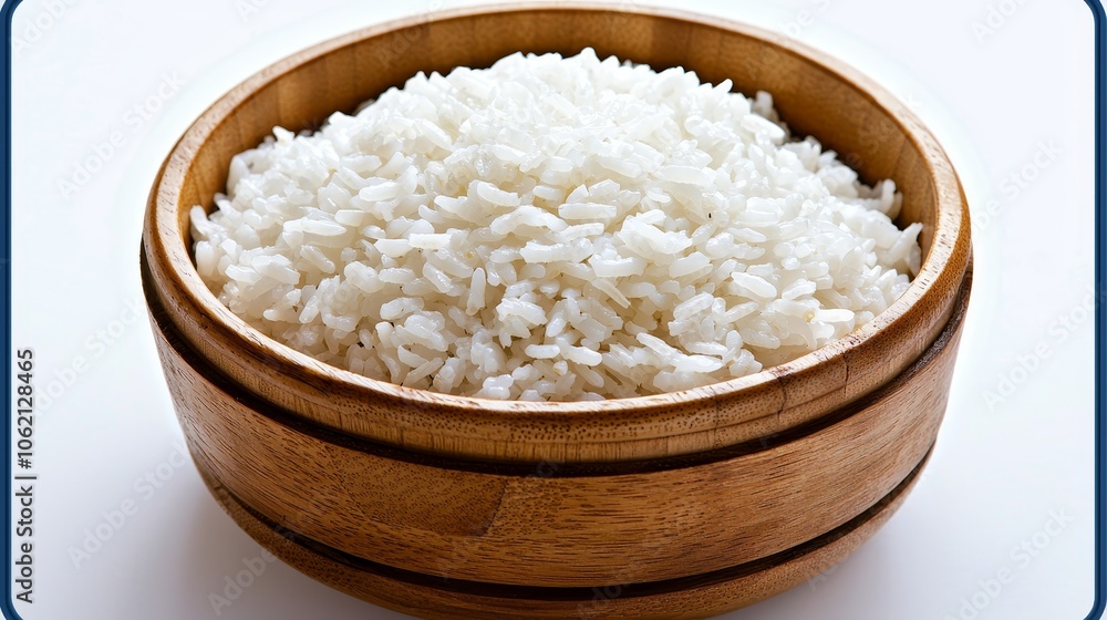 Wholesome White Rice in Wooden Bowl - Natural Brown Grain Texture, Clean Minimalist Composition, Asian Cuisine Concept Wholesome White Rice in Wooden Bowl - Natural Brown Grain Texture, Clean Minimalist Composition, Asian Cuisine Concept