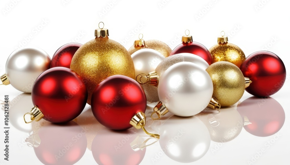 Classic red and gold Christmas baubles scattered on a white background, each ornament shining with reflective highlights, capturing a festive holiday glow. Classic red and gold Christmas baubles scattered on a white background, each ornament shining with reflective highlights, capturing a festive holiday glow.