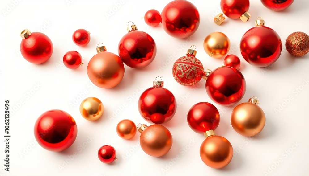 Red and gold Christmas baubles scattered on a solid white background, showcasing reflective highlights on each ornament for a festive holiday glow. Red and gold Christmas baubles scattered on a solid white background, showcasing reflective highlights on each ornament for a festive holiday glow.