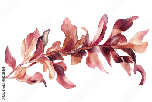 Watercolor painting of a dulse seaweed branch with reddish leaves, ideal for seed packaging or nature-inspired designs photo