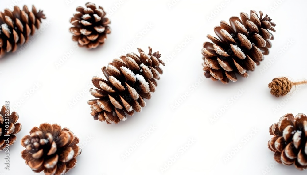 Snow-dusted natural pine cones on a white background, highlighting their textures and adding a rustic holiday touch. Snow-dusted natural pine cones on a white background, highlighting their textures and adding a rustic holiday touch.