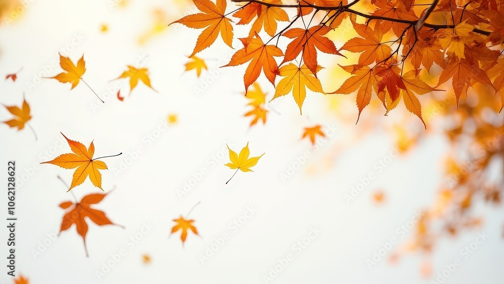 Fototapeta premium Gently falling autumn leaves in various shades of orange, yellow, and brown, set against a bokeh background, highlighting the serene beauty of fall.