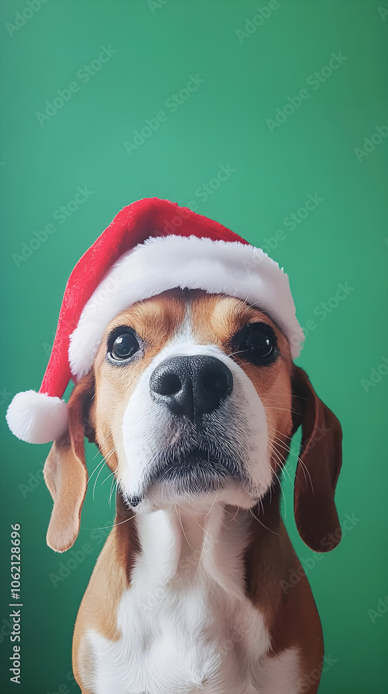 A curious beagle wearing a red and white Santa hat gazes directly at the viewer against a vibrant green background A curious beagle wearing a red and white Santa hat gazes directly at the viewer against a vibrant green background