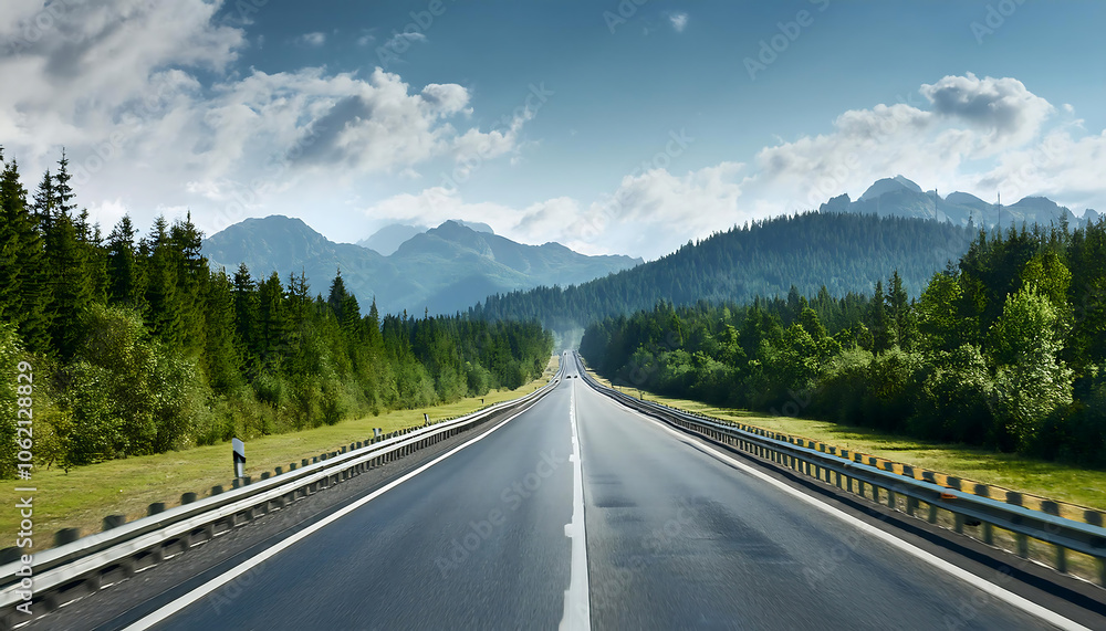 a straight highway on the background of mountains and forests a straight highway on the background of mountains and forests