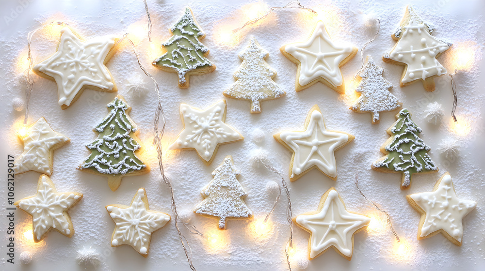 Frosted cookies shaped like stars and trees are beautifully arranged on a snowy backdrop with twinkling lights creating a festive atmosphere Frosted cookies shaped like stars and trees are beautifully arranged on a snowy backdrop with twinkling lights creating a festive atmosphere