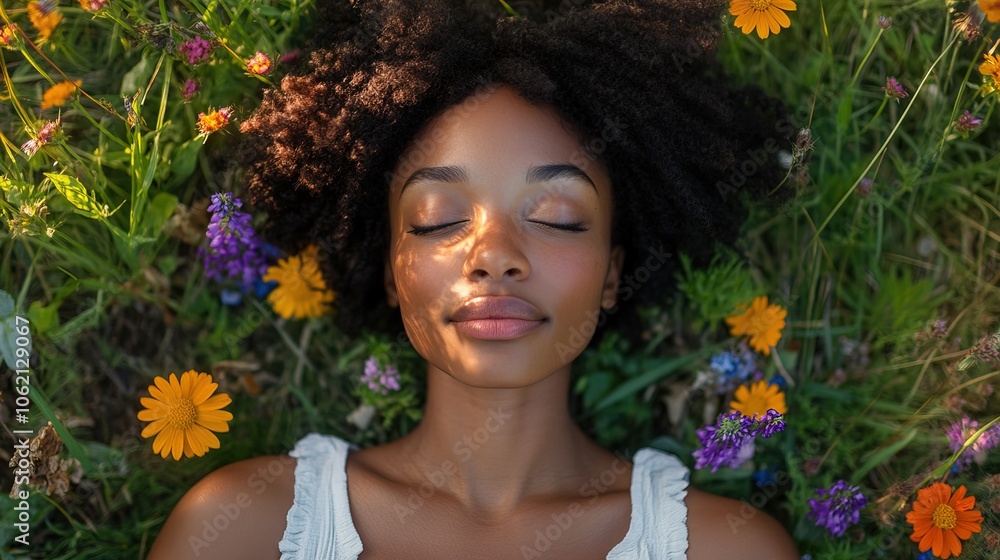 Beautiful Black woman at peace amidst a bed of colorful wildflowers Beautiful Black woman at peace amidst a bed of colorful wildflowers